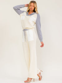 WOMEN'S LONG SLEEVE ZIP UP FRONT POCKETS COLORBLOCK KNIT PULLOVER SWEATER