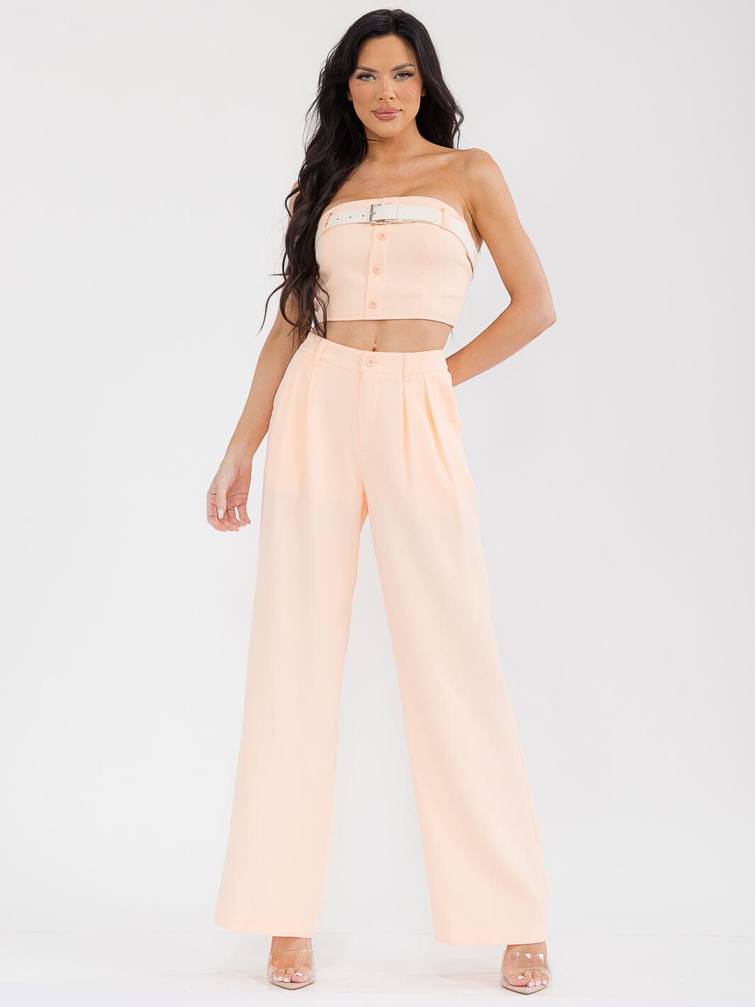 WOMEN'S SLEEVELESS CROP TOP & BUTTON CLOSURE PANTS BELTED SOLID 2PC. SET