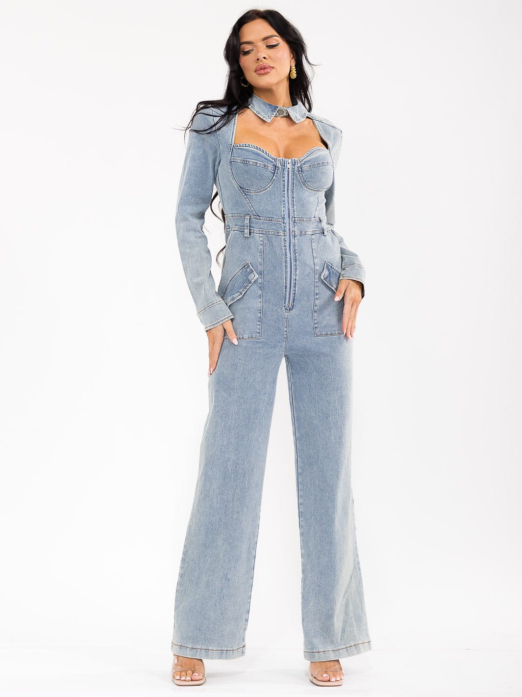 WOMEN'S LONG SLEEVE ZIP UP POCKETS DENIM WIDE LEG JUMPSUIT