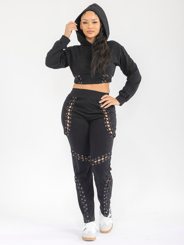 WOMEN'S LONG SLEEVE TOP & ELASTIC WAIST PANTS CUT OUT DETAILED 2PC. SET