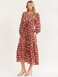 WOMEN'S LONG SLEEVE FRONT POCKETS V-NECK ELASTIC WAIST FLORAL PRINT MAXI DRESS