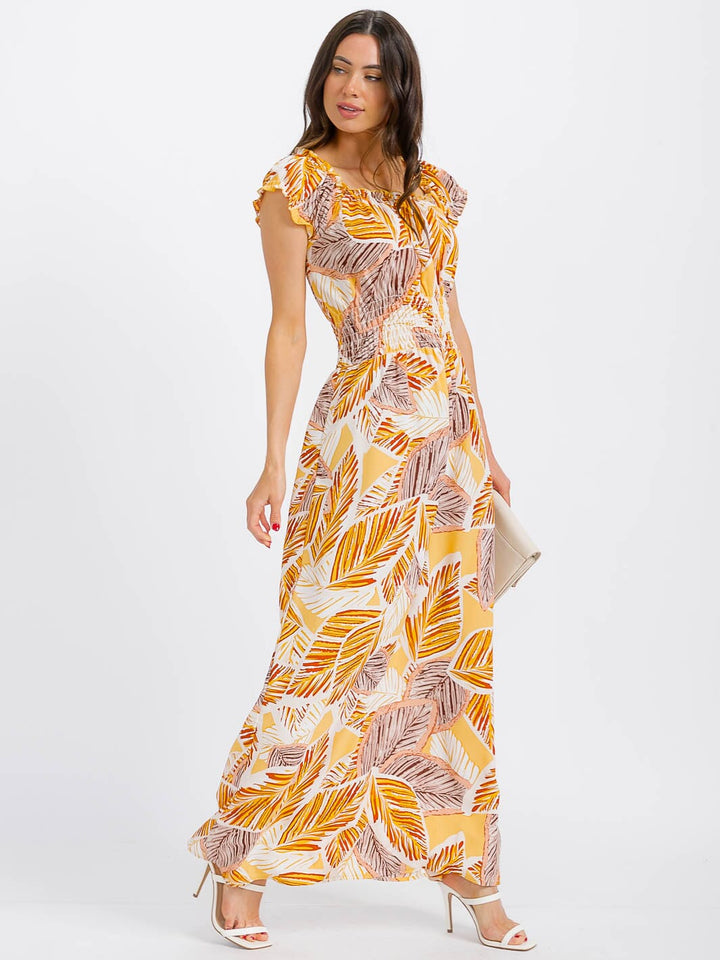 WOMEN'S SHORT SLEEVE SQUARE NECK SMOCK WAIST LEAF PRINT MAXI DRESS