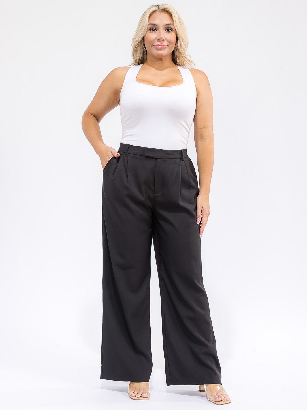 PLUS SIZE BUTTON CLOSURE POCKETS WIDE LEG PANTS