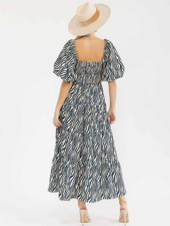 WOMEN'S SHORT PUFF SLEEVES SQUARE NECK SMOCK TIERED ANIMAL PRINT MAXI DRESS