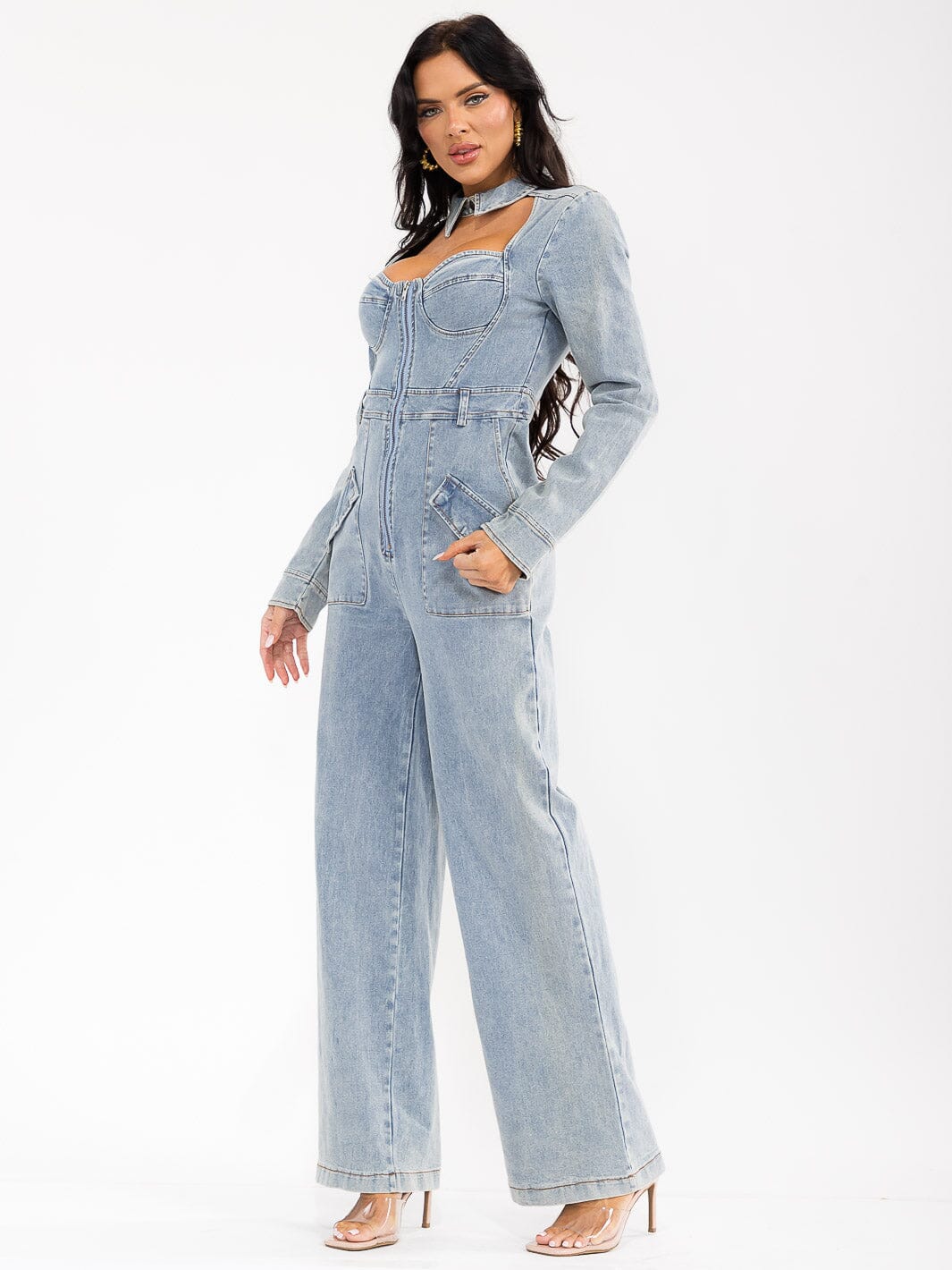 WOMEN'S LONG SLEEVE ZIP UP POCKETS DENIM WIDE LEG JUMPSUIT