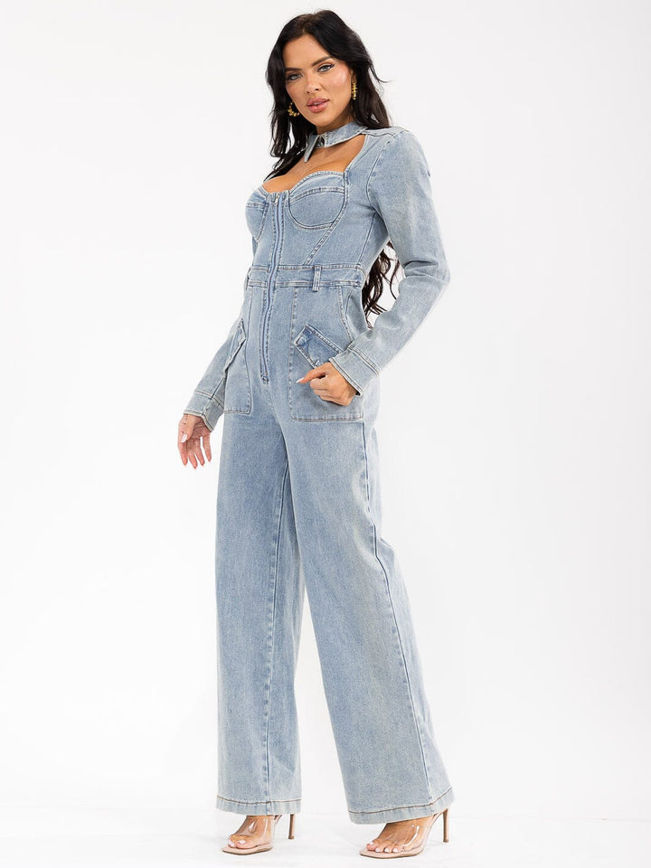 WOMEN'S LONG SLEEVE ZIP UP POCKETS DENIM WIDE LEG JUMPSUIT