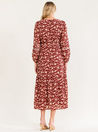 WOMEN'S LONG SLEEVE FRONT POCKETS V-NECK ELASTIC WAIST FLORAL PRINT MAXI DRESS