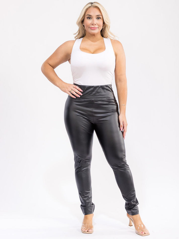 PLUS SIZE ELASTIC WAIST SKINNY LEG PU PLEATHER PANTS