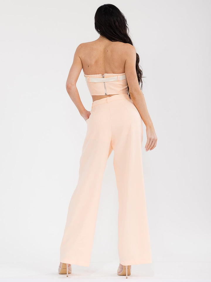 WOMEN'S SLEEVELESS CROP TOP & BUTTON CLOSURE PANTS BELTED SOLID 2PC. SET