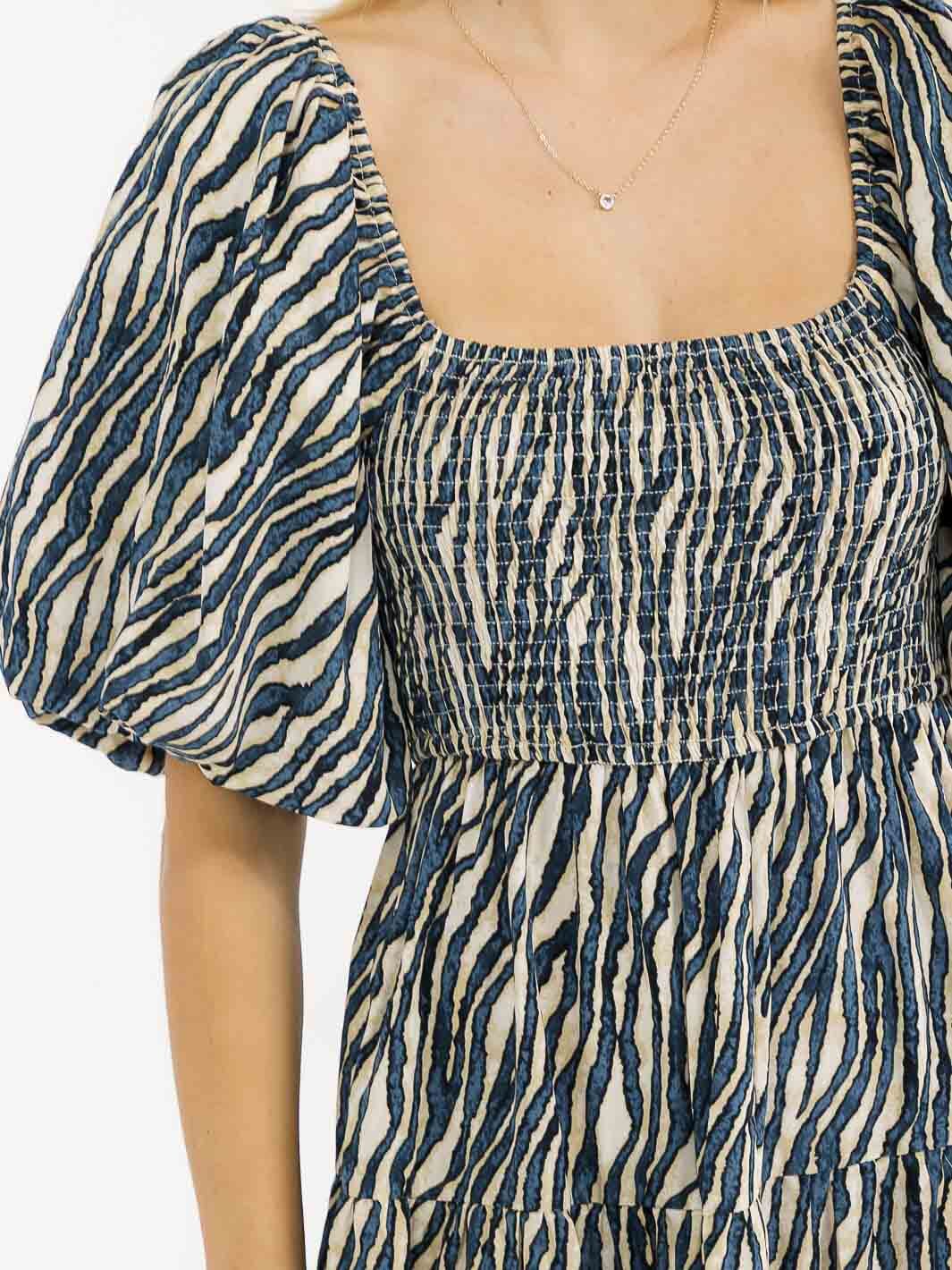 WOMEN'S SHORT PUFF SLEEVES SQUARE NECK SMOCK TIERED ANIMAL PRINT MAXI DRESS
