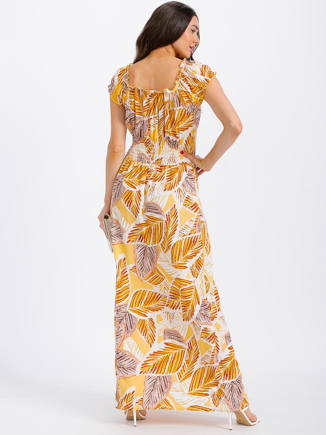 WOMEN'S SHORT SLEEVE SQUARE NECK SMOCK WAIST LEAF PRINT MAXI DRESS