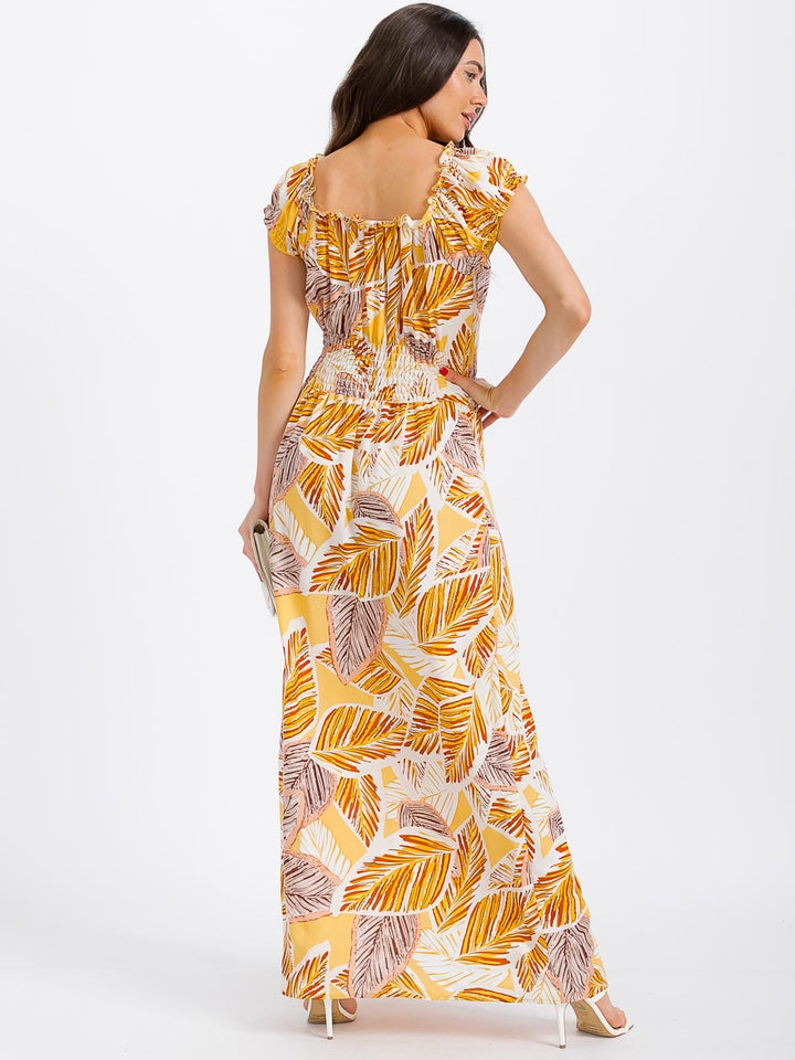 WOMEN'S SHORT SLEEVE SQUARE NECK SMOCK WAIST LEAF PRINT MAXI DRESS