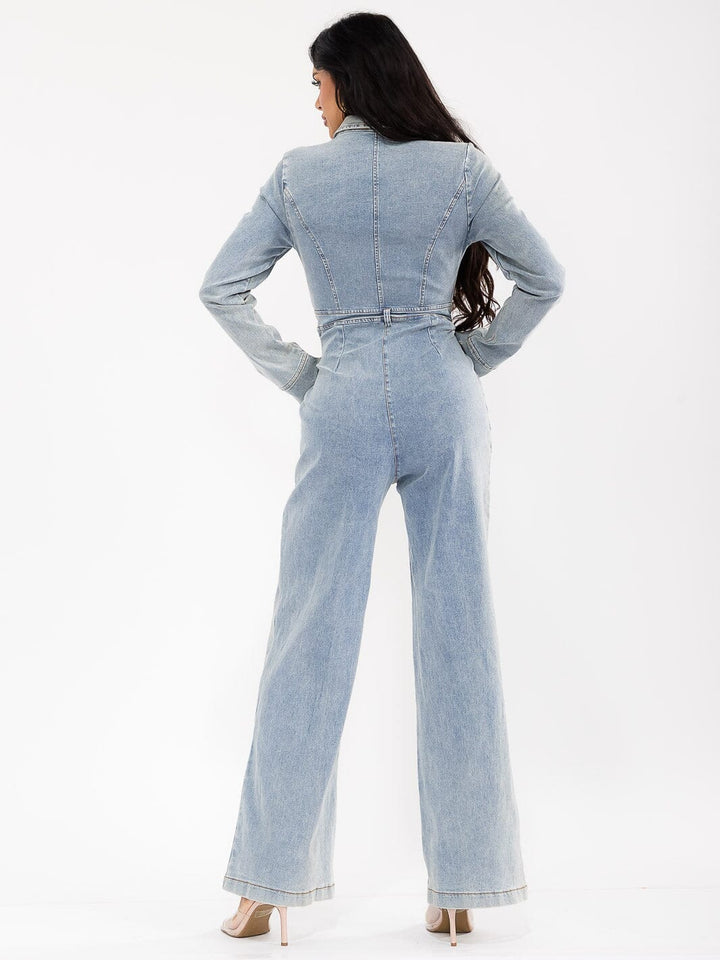 WOMEN'S LONG SLEEVE ZIP UP POCKETS DENIM WIDE LEG JUMPSUIT