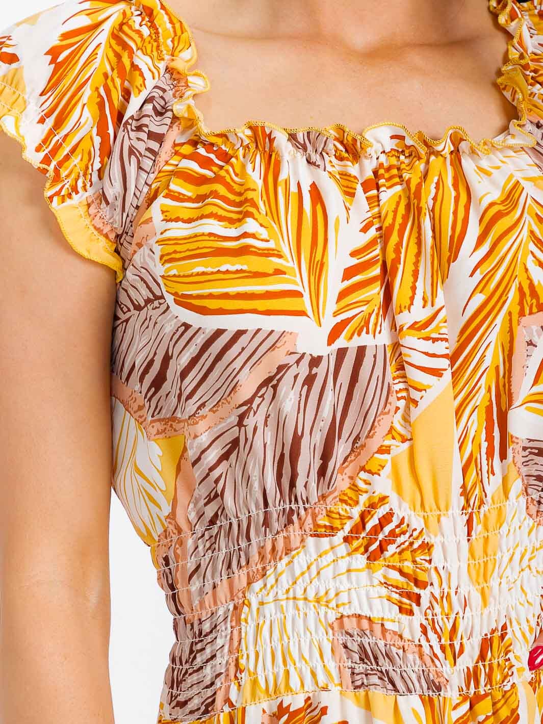 WOMEN'S SHORT SLEEVE SQUARE NECK SMOCK WAIST LEAF PRINT MAXI DRESS