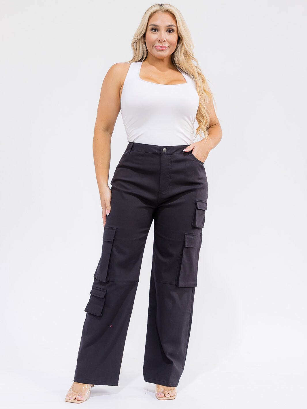 PLUS SIZE BUTTON CLOSURE CARGO POCKETS WIDE LEG PANTS