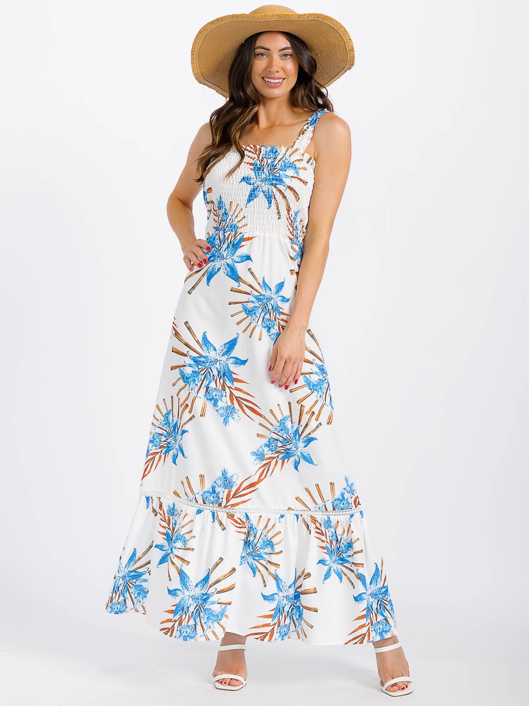 WOMEN'S SLEEVELESS SMOCK TIERED FLORAL MAXI DRESS
