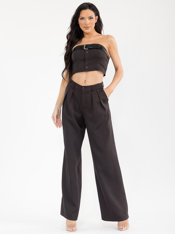 WOMEN'S SLEEVELESS CROP TOP & BUTTON CLOSURE PANTS BELTED SOLID 2PC. SET