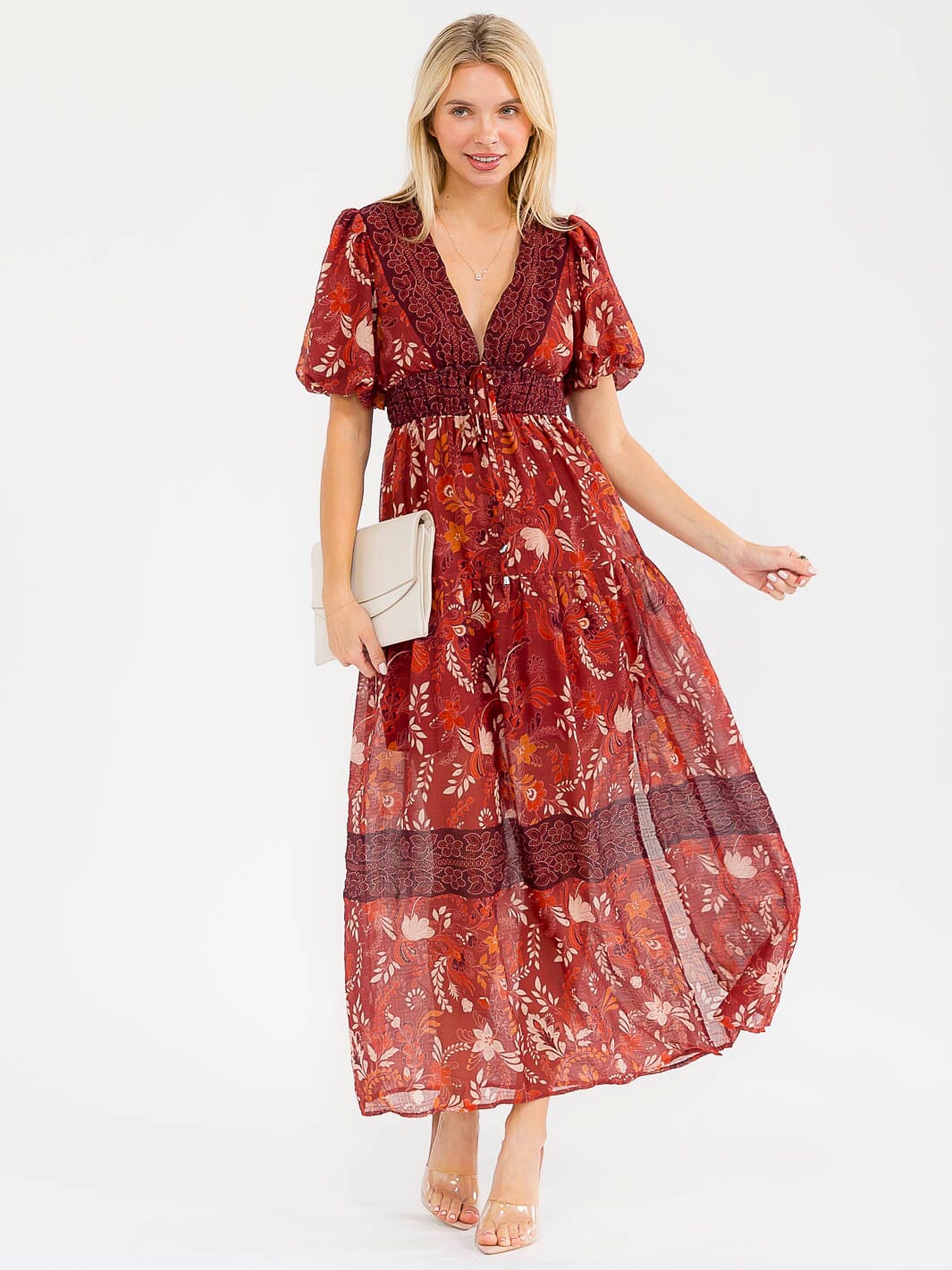 WOMEN'S SHORT PUFF SLEEVES V-NECK TIERED SLIT FLORAL PRINT MAXI DRESS