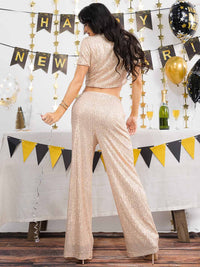 WOMEN'S SHORT SLEEVE BLOUSE & BUTTON CLOSURE PANTS SEQUINS 2PC. SET