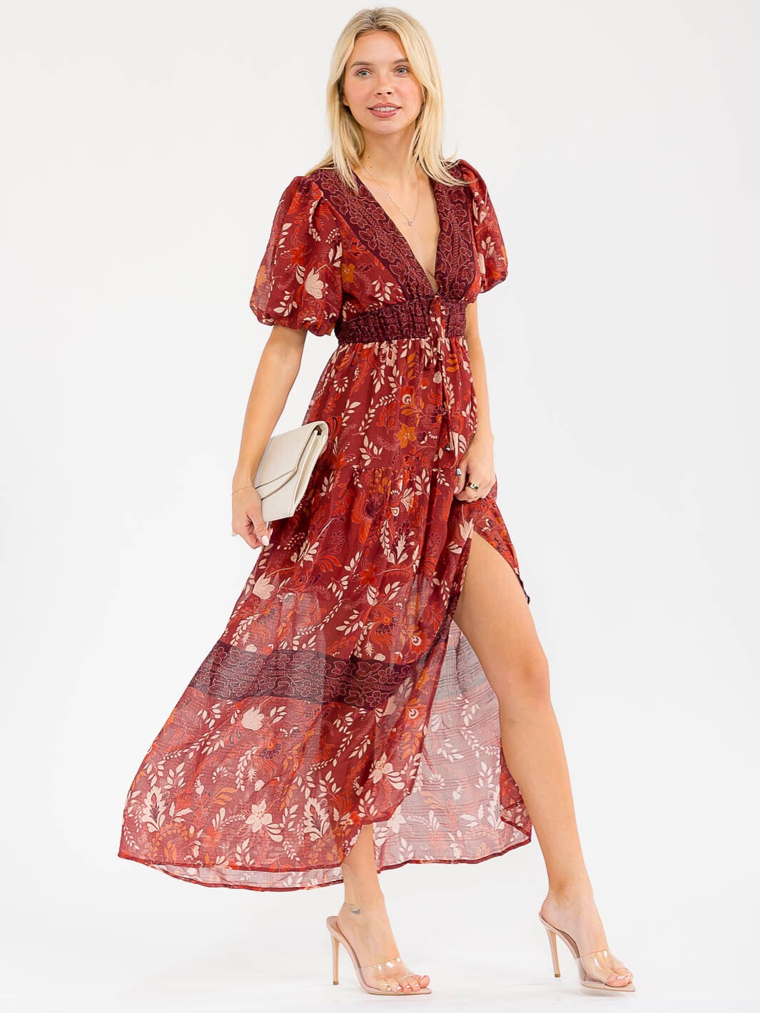 WOMEN'S SHORT PUFF SLEEVES V-NECK TIERED SLIT FLORAL PRINT MAXI DRESS