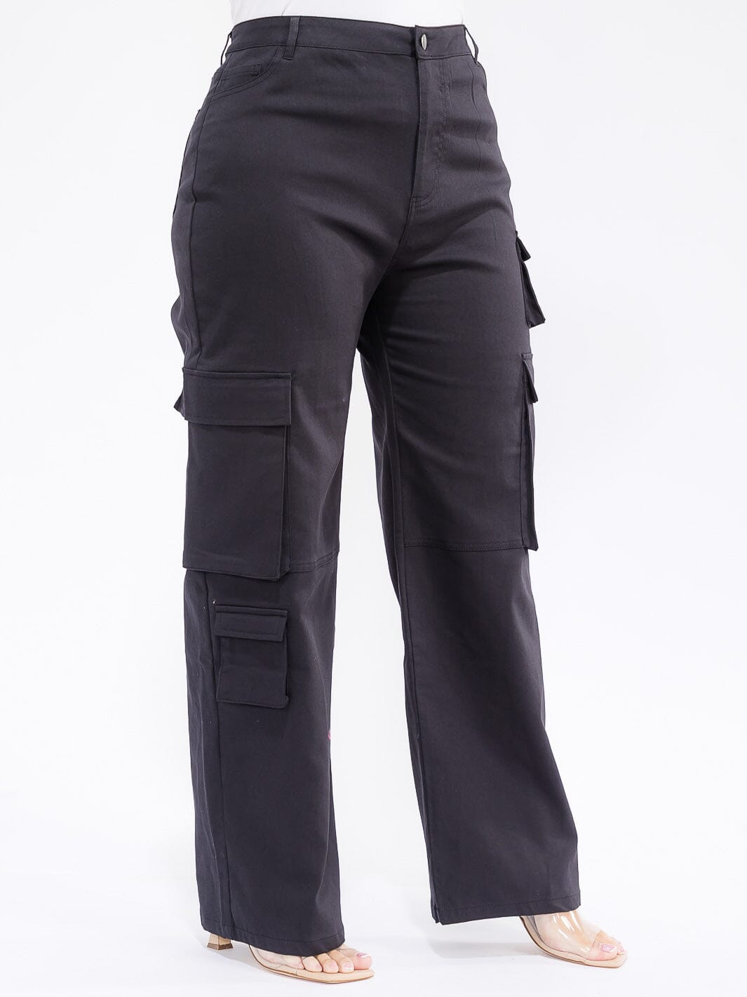 PLUS SIZE BUTTON CLOSURE CARGO POCKETS WIDE LEG PANTS