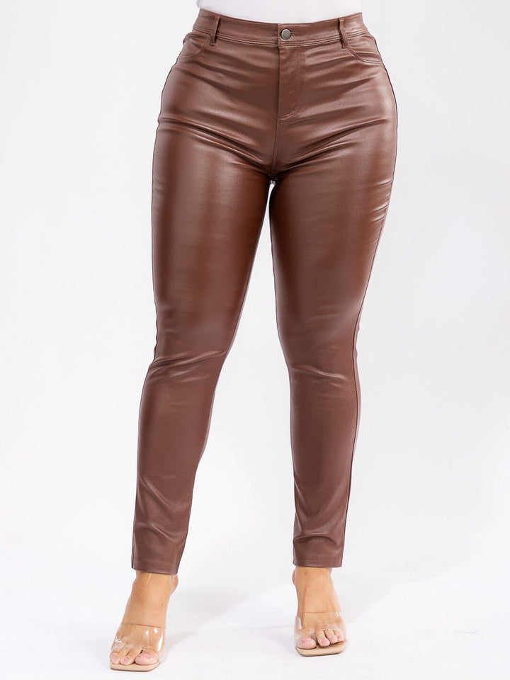 PLUS SIZE BUTTON CLOSURE BACK POCKETS SKINNY LEG PU PLEATHER PANTS