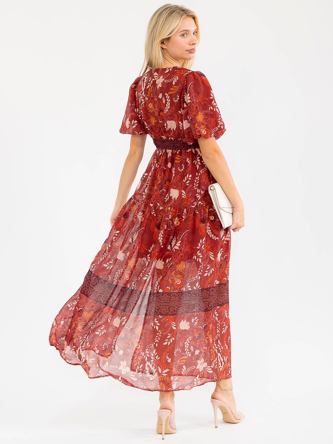 WOMEN'S SHORT PUFF SLEEVES V-NECK TIERED SLIT FLORAL PRINT MAXI DRESS