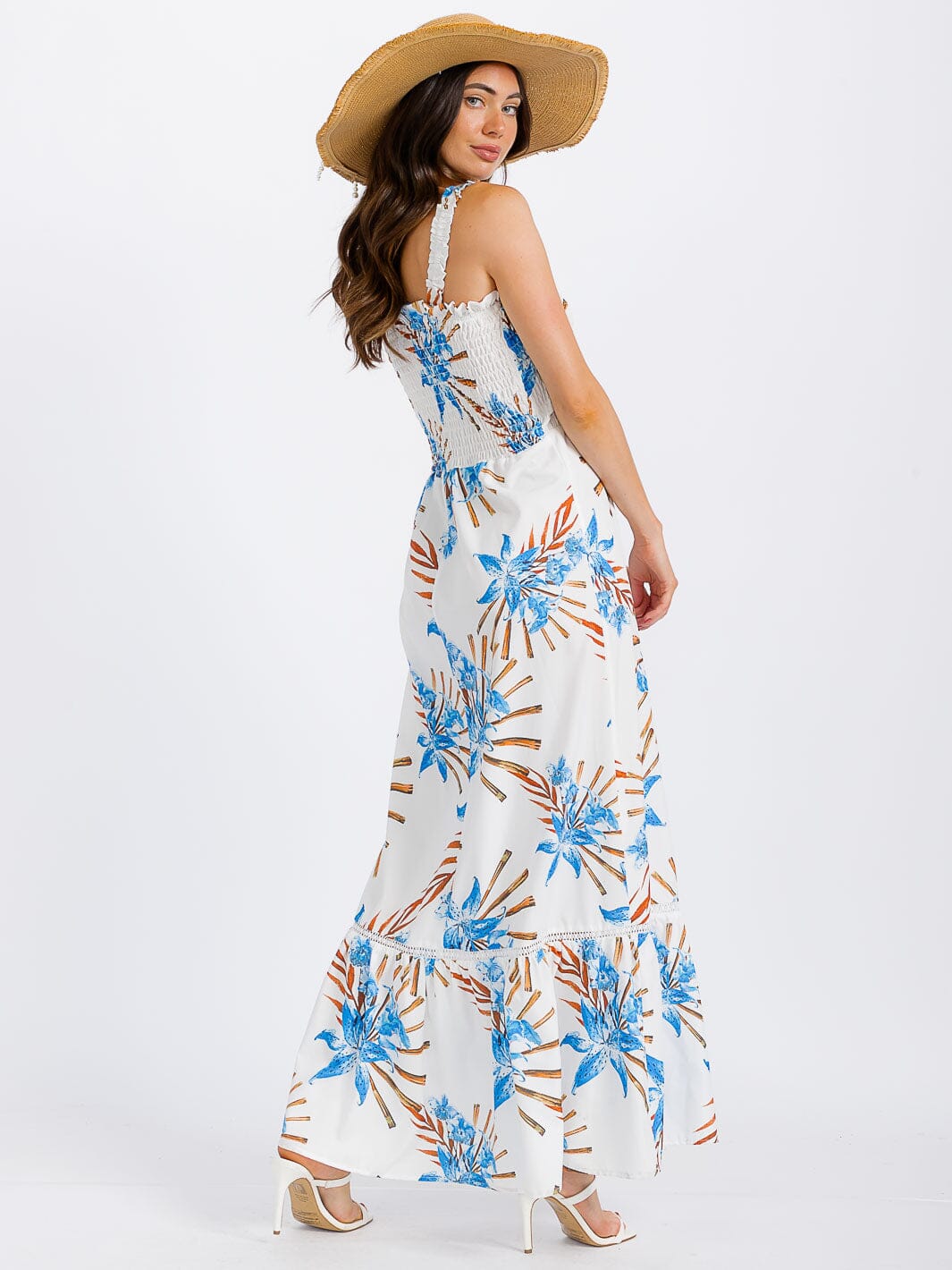 WOMEN'S SLEEVELESS SMOCK TIERED FLORAL MAXI DRESS