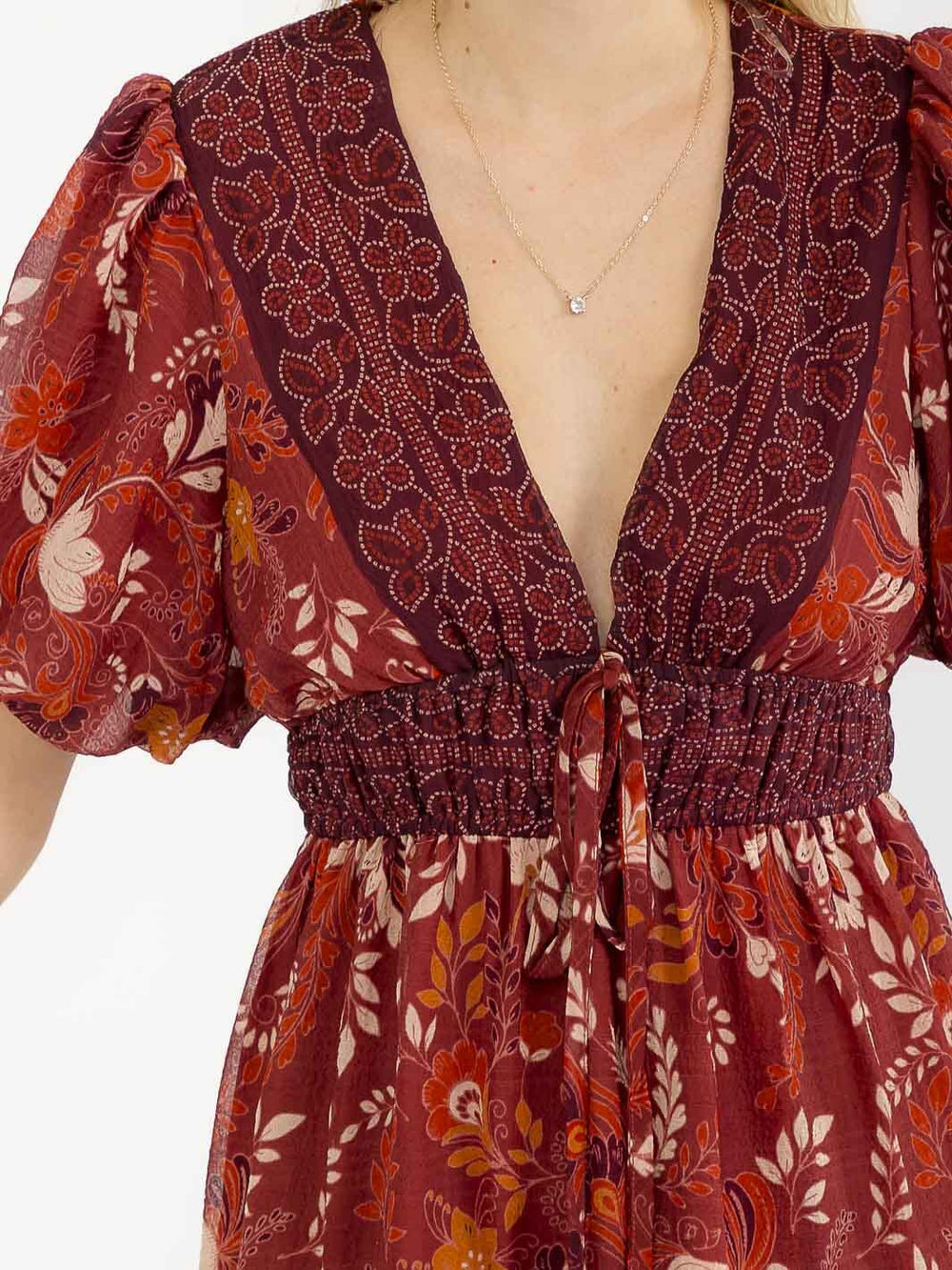 WOMEN'S SHORT PUFF SLEEVES V-NECK TIERED SLIT FLORAL PRINT MAXI DRESS