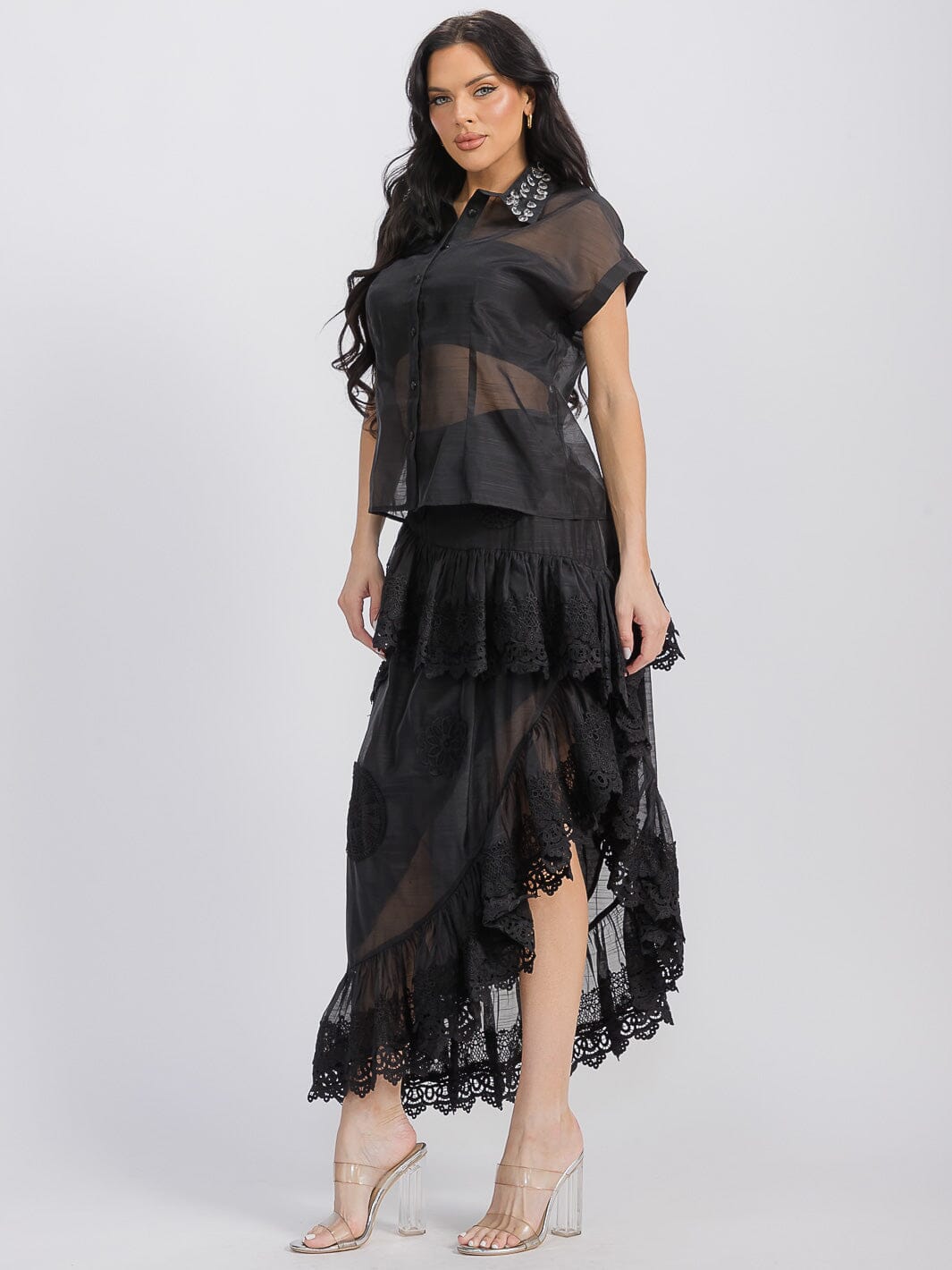 WOMEN'S SHORT SLEEVE BLOUSE & RUFFLE HIGH-LOW MAXI SKIRT 2PC SET.