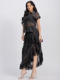 WOMEN'S SHORT SLEEVE BLOUSE & RUFFLE HIGH-LOW MAXI SKIRT 2PC SET.