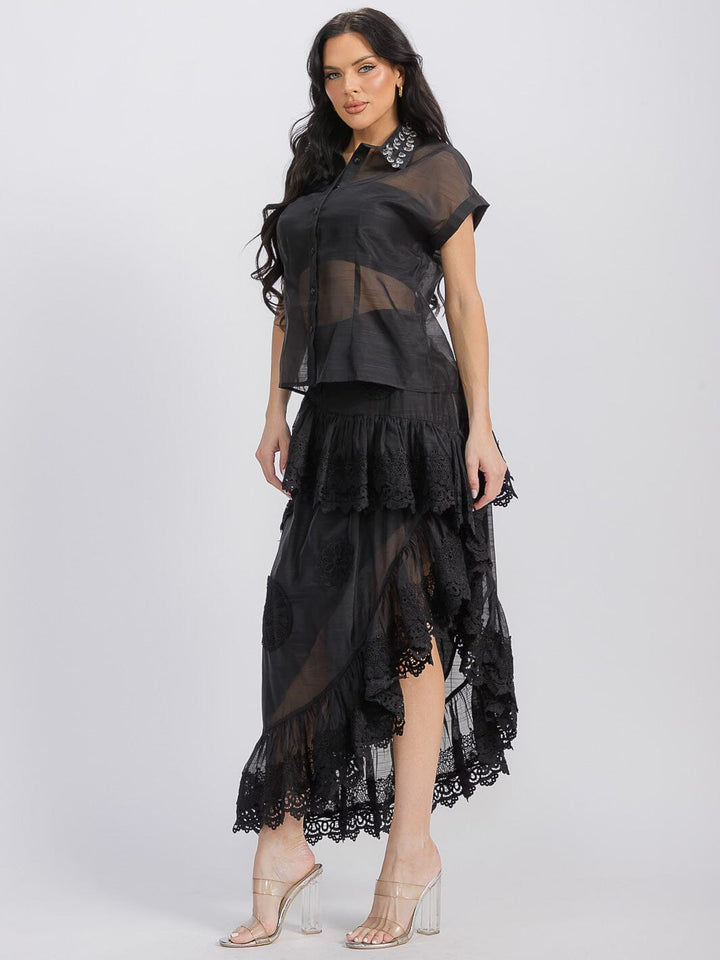 WOMEN'S SHORT SLEEVE BLOUSE & RUFFLE HIGH-LOW MAXI SKIRT 2PC SET.