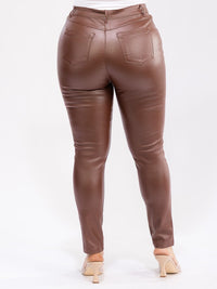 PLUS SIZE BUTTON CLOSURE BACK POCKETS SKINNY LEG PU PLEATHER PANTS