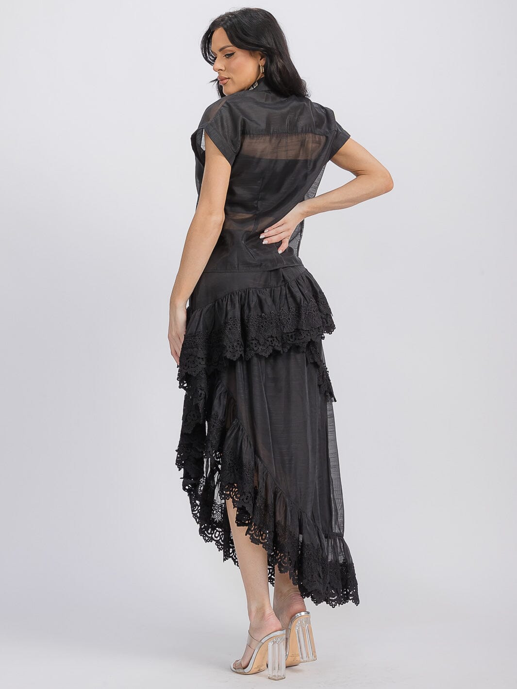 WOMEN'S SHORT SLEEVE BLOUSE & RUFFLE HIGH-LOW MAXI SKIRT 2PC SET.