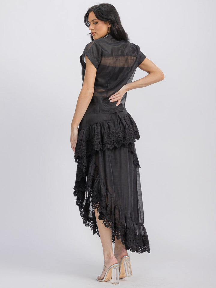 WOMEN'S SHORT SLEEVE BLOUSE & RUFFLE HIGH-LOW MAXI SKIRT 2PC SET.