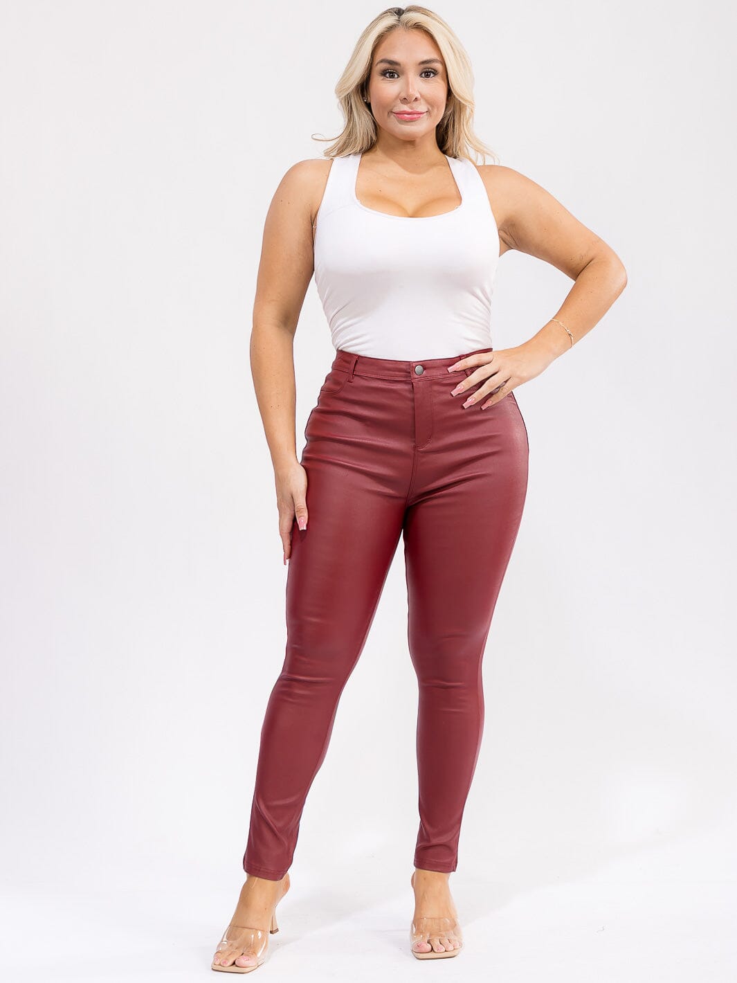 PLUS SIZE BUTTON CLOSURE BACK POCKETS SKINNY LEG PU PLEATHER PANTS