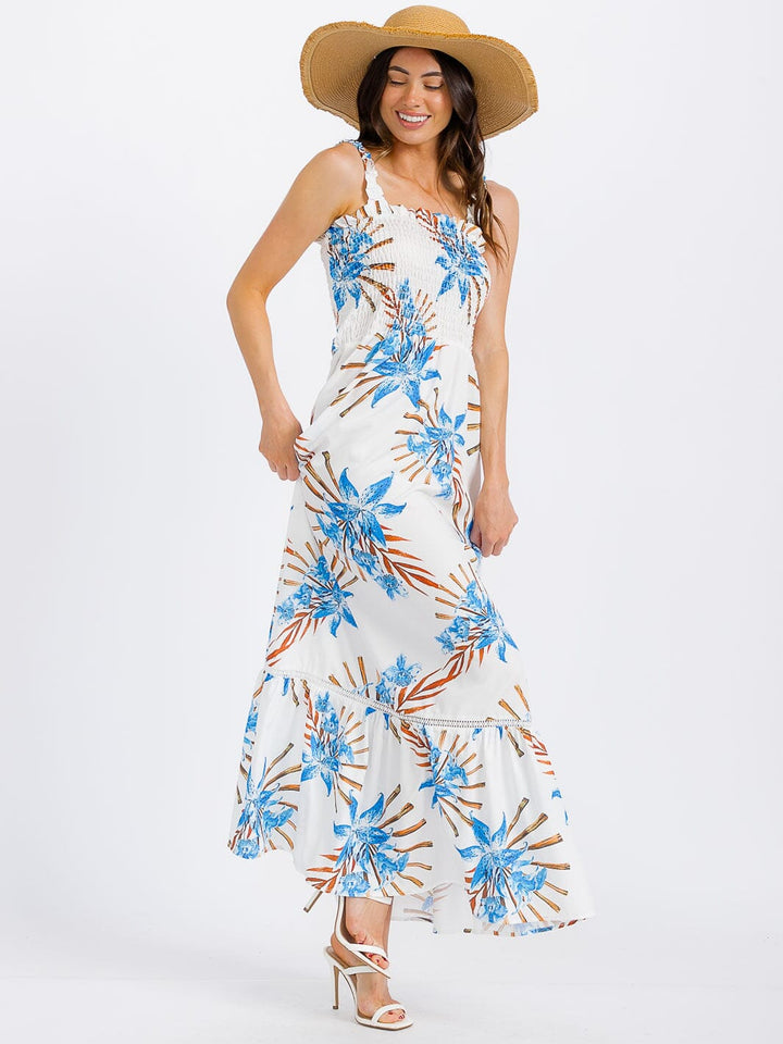 WOMEN'S SLEEVELESS SMOCK TIERED FLORAL MAXI DRESS