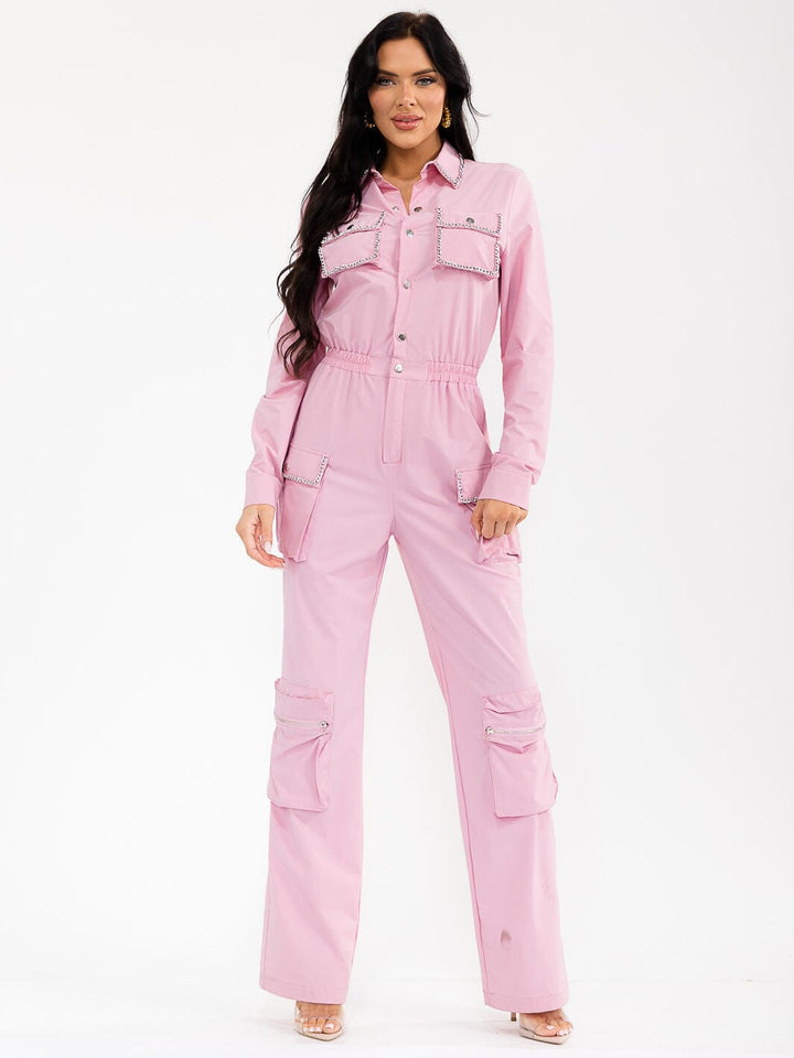 WOMEN'S LONG SLEEVES BUTTON UP CARGO POCKETS ELASTIC WAIST WIDE LEG JUMPSUIT