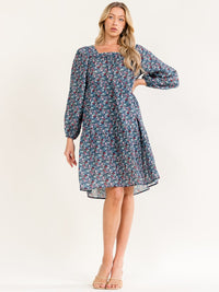 WOMEN'S LONG SLEEVE SQUARE NECK TUNIC FLORAL PRINT MINI DRESS