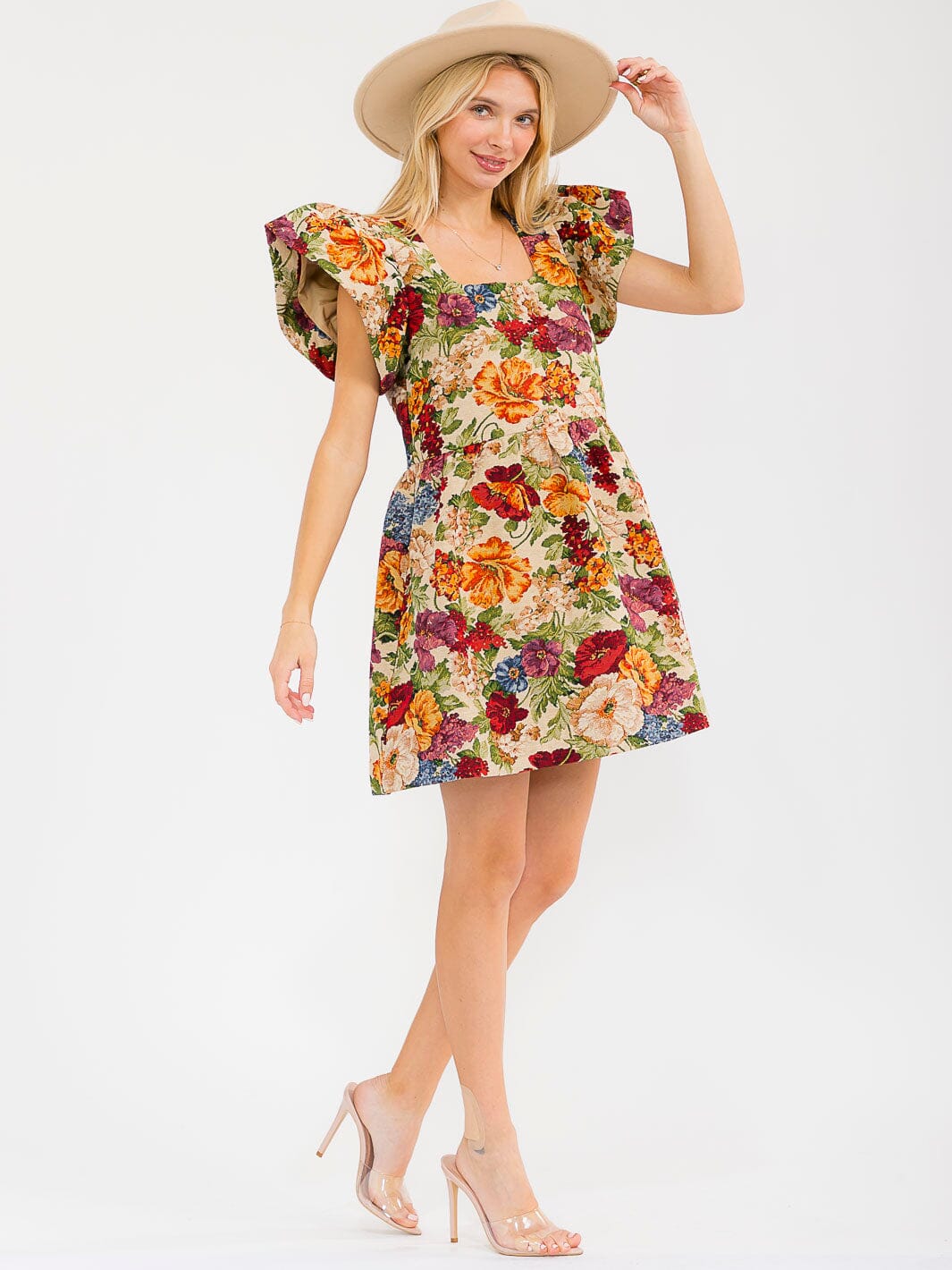 WOMEN'S RUFFLE SLEEVES SQUARE NECK FLORAL PRINT MINI DRESS