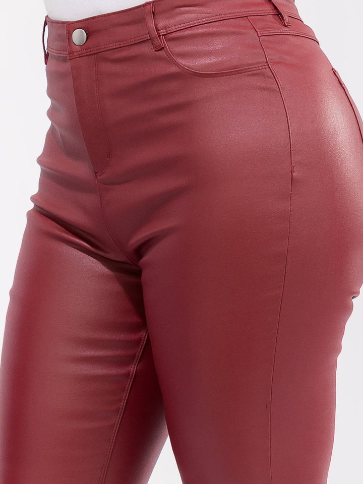 PLUS SIZE BUTTON CLOSURE BACK POCKETS SKINNY LEG PU PLEATHER PANTS