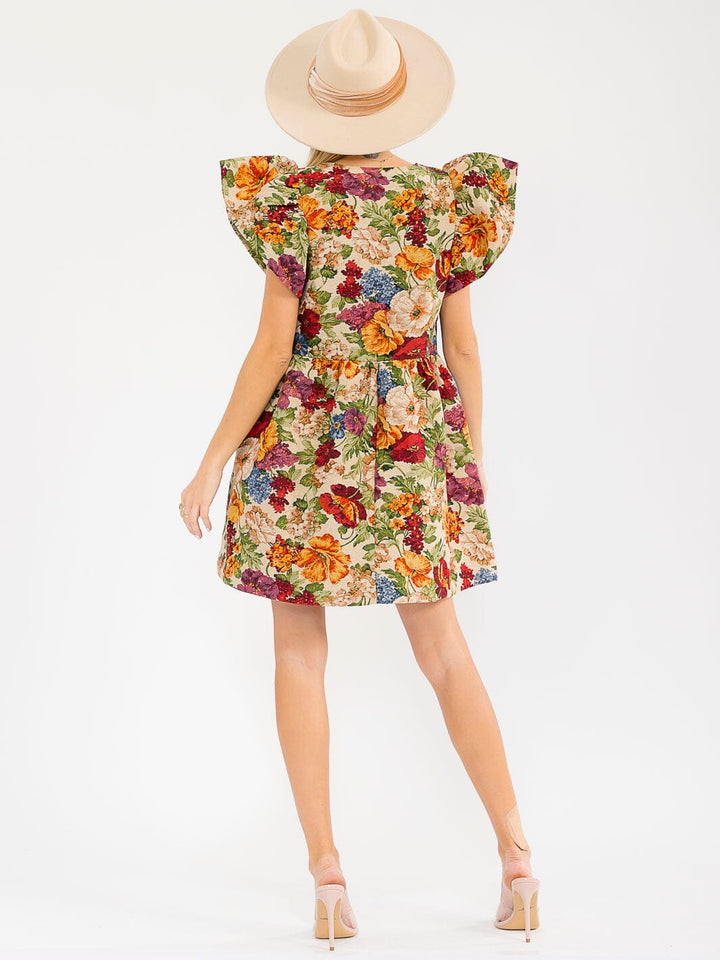 WOMEN'S RUFFLE SLEEVES SQUARE NECK FLORAL PRINT MINI DRESS