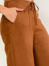 WOMEN'S ZIP UP LACE FRONT POCKETS WIDE LEG SUEDE PANTS