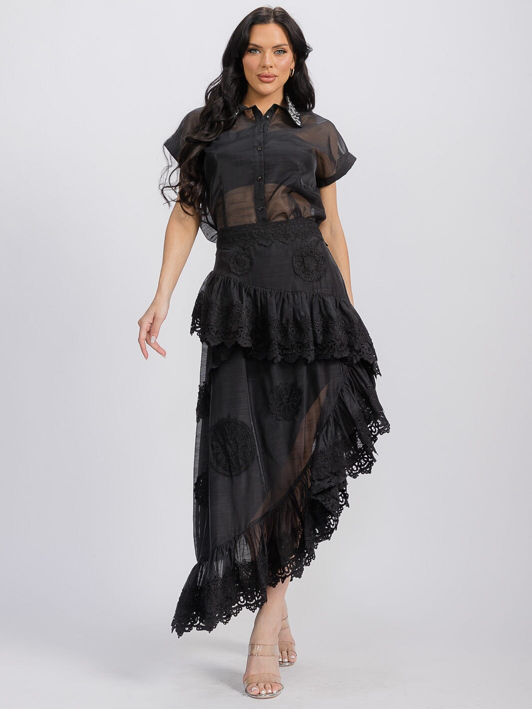 WOMEN'S SHORT SLEEVE BLOUSE & RUFFLE HIGH-LOW MAXI SKIRT 2PC SET.
