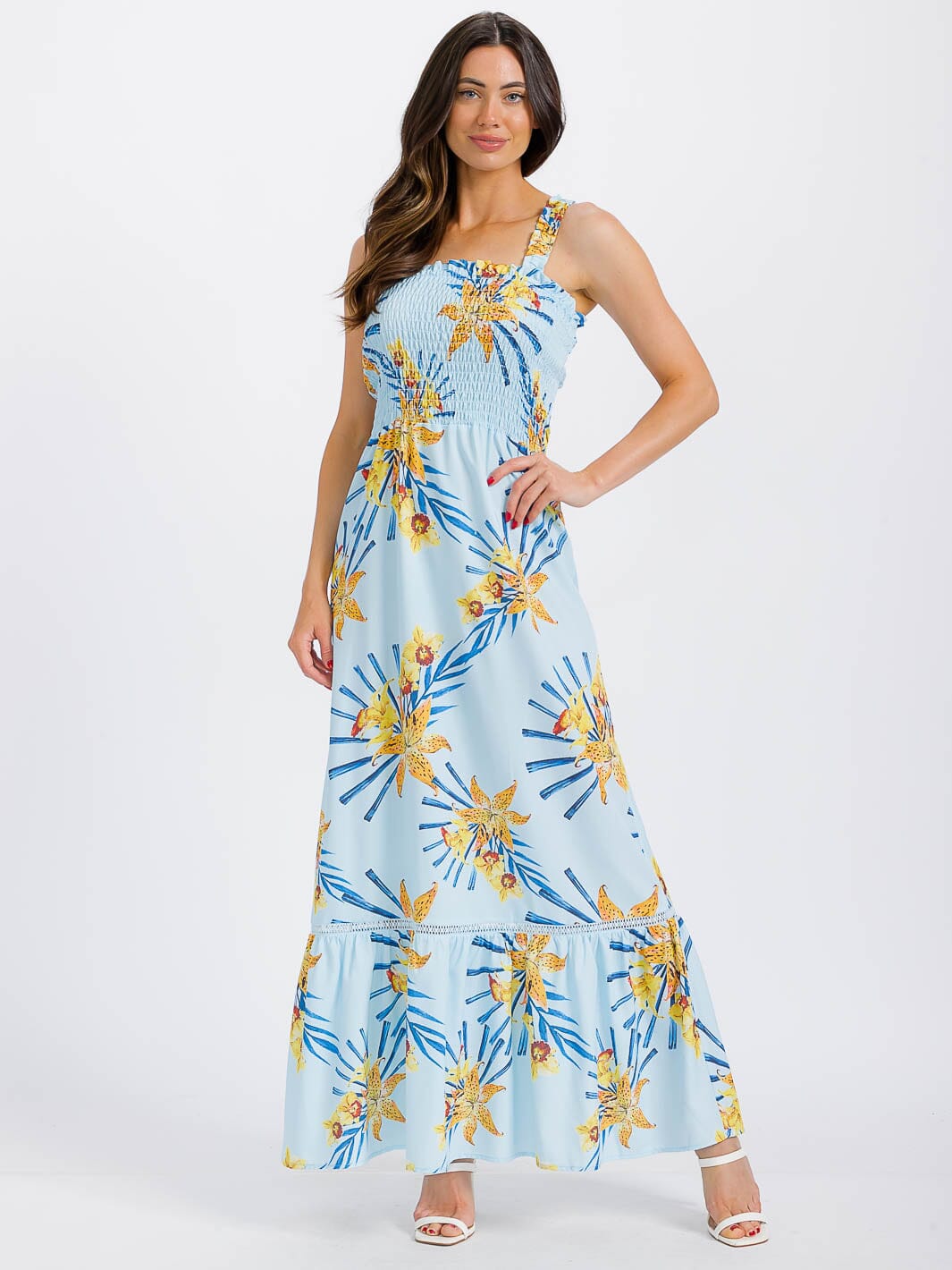 WOMEN'S SLEEVELESS SMOCK TIERED FLORAL MAXI DRESS