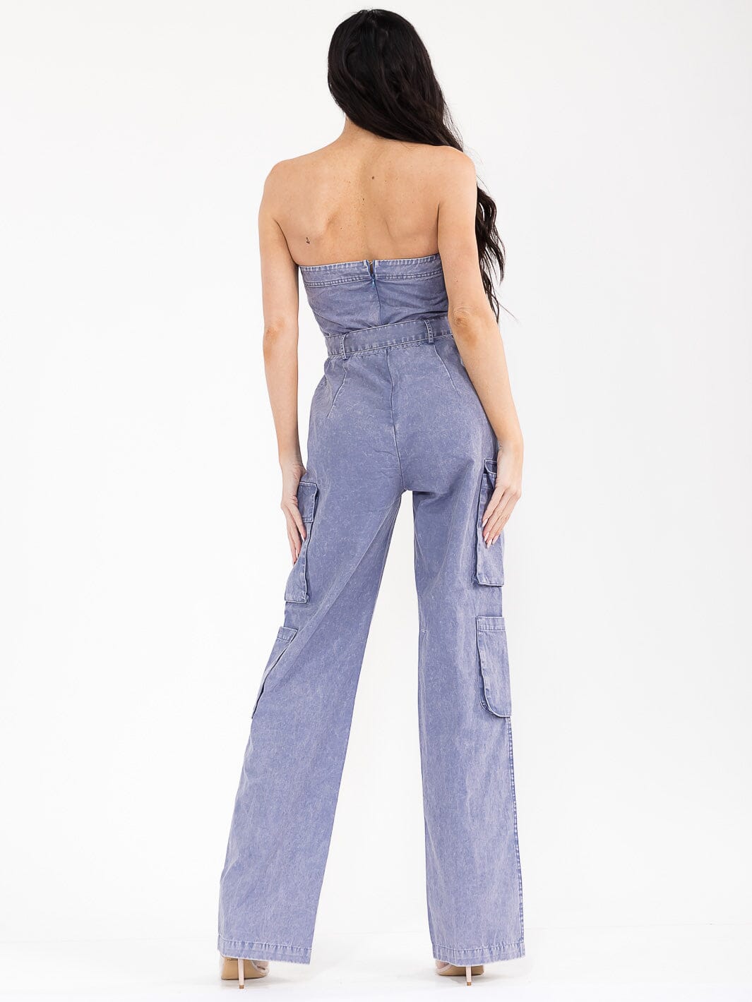 WOMEN'S SLEEVELESS CARGO POCKETS DENIM WIDE LEG JUMPSUIT