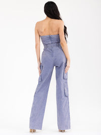 WOMEN'S SLEEVELESS CARGO POCKETS DENIM WIDE LEG JUMPSUIT