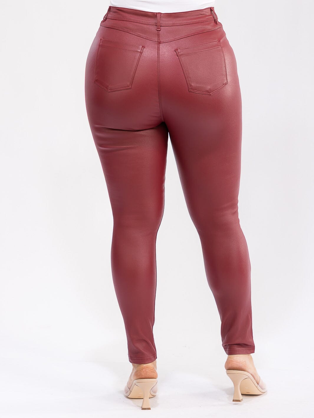 PLUS SIZE BUTTON CLOSURE BACK POCKETS SKINNY LEG PU PLEATHER PANTS