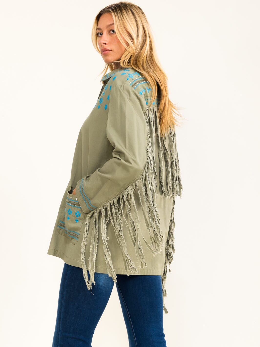 WOMEN'S TWILL EMBRODIERY AND FRINDGE SHACKET