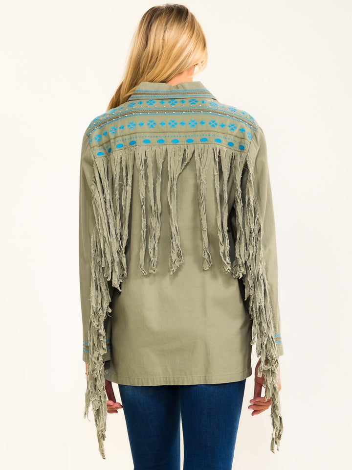 WOMEN'S TWILL EMBRODIERY AND FRINDGE SHACKET